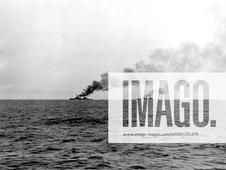 British cruisers HMS Invincible and HMS Inflexible during the chase of ...