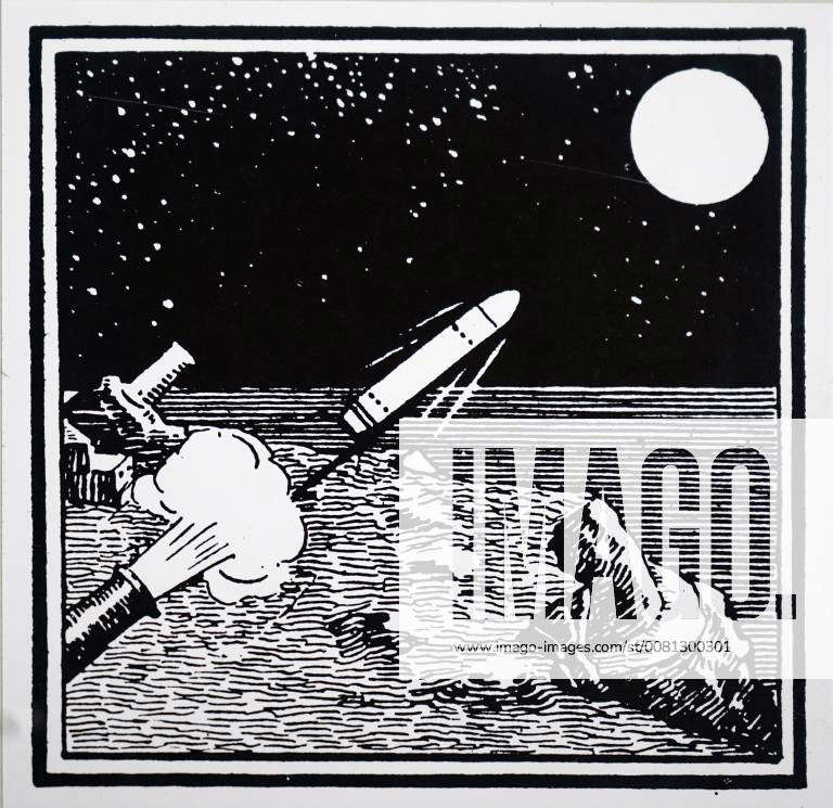 Engraving depicting a rocket being fired towards the moon in the