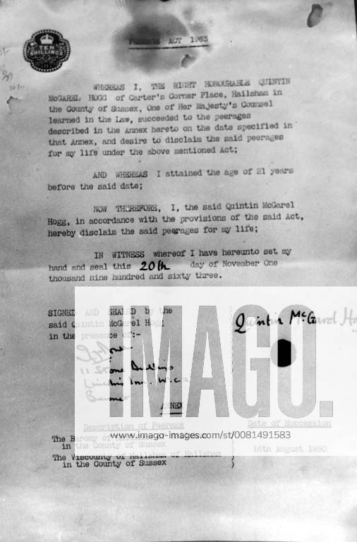 DOCUMENT SIGNED BY VISCOUNT HAILSHAM CHANGE TO COMMONER QUINTIN HOGG IN