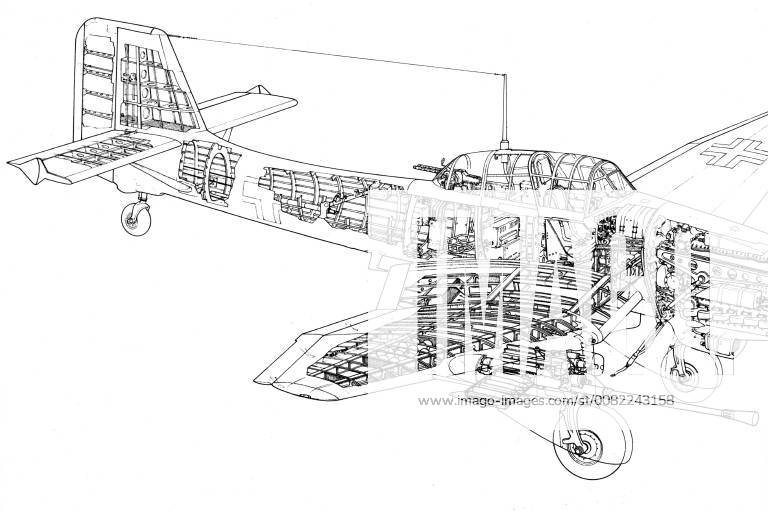 Technical line drawing of Junkers Ju87 Stuka dive bomber as cutaway diagram