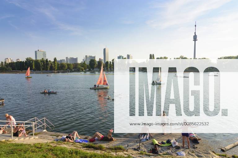 River Alte Donau (Old Danube), Donauturm (Danube Tower), sailing ship