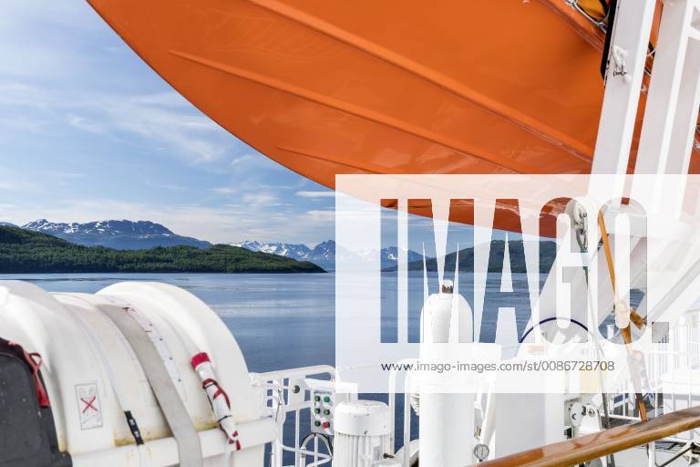 View from a ship of the Hurtigruten the MS Polarlys over the water into ...