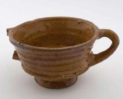 Earthenware pap bowl, red shard, fully glazed, two pinched sausage ears ...