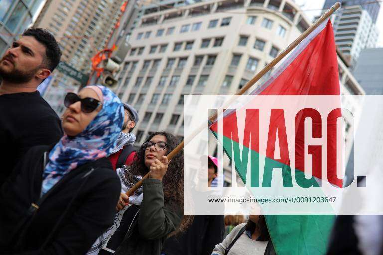 NAKBA RALLY 2019, A member of Palestine Action Group Sydney holds a ...