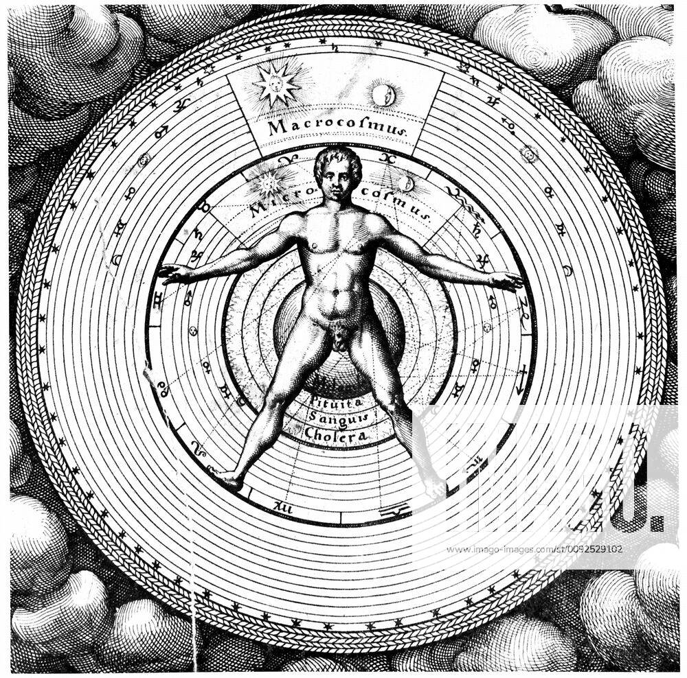 Engraving showing man, the microcosm, and the universe, the macrocosm ...