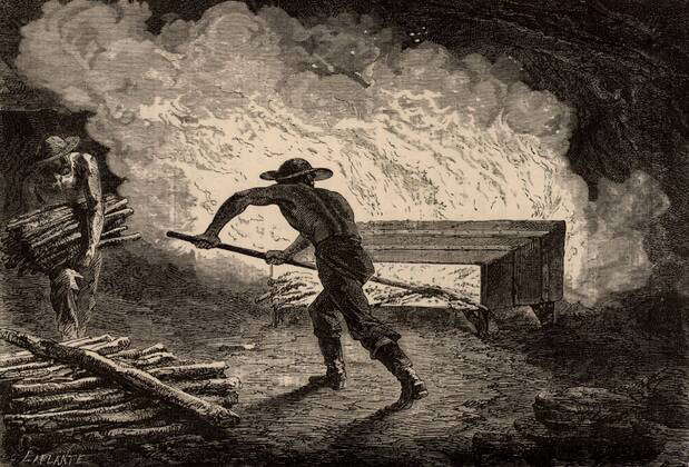 Miners breaking up rock by setting a fire on it. When the rock cooled ...