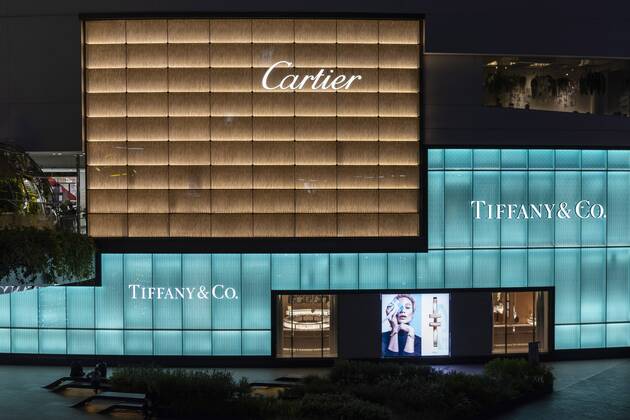 Cartier Tiffany Co Facade illuminated Emporium Shopping Mall Bangkok Thailand Asia