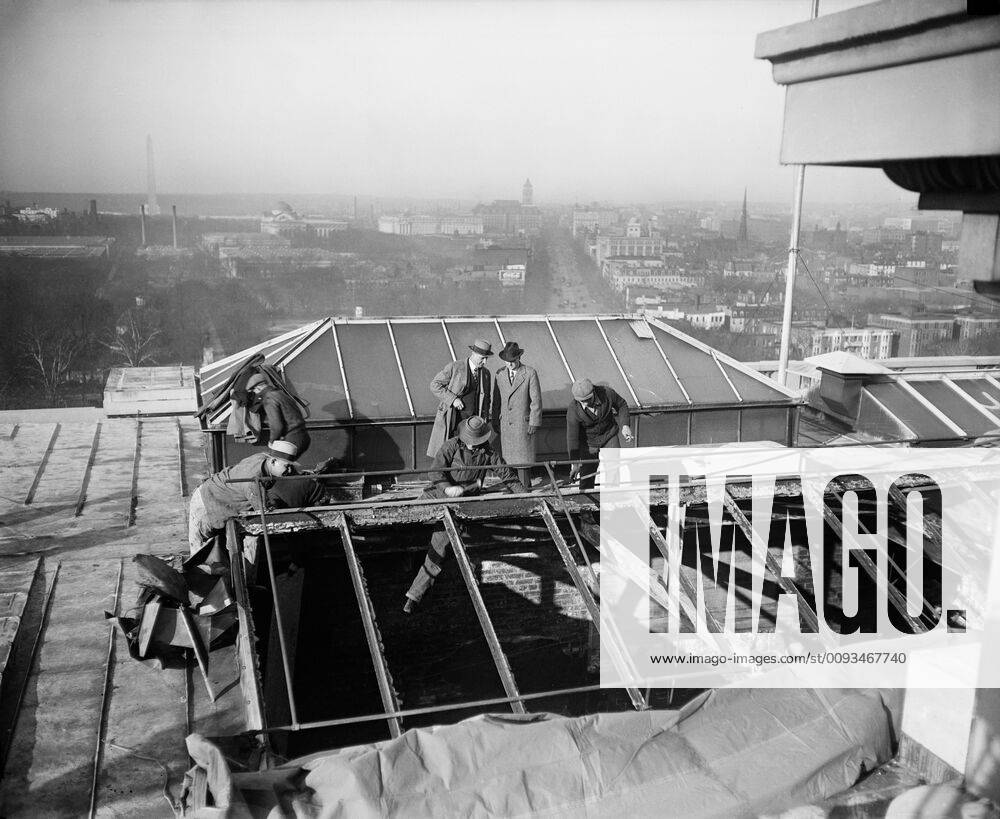 Group of Men Examining Damage to Roof of U.S. Capitol Building after ...