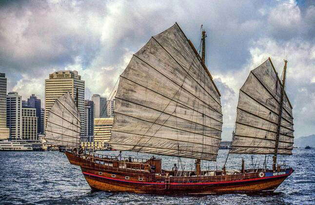 August 1, 1981, Hong Kong, China: Traditional Chinese junks, sailing ...