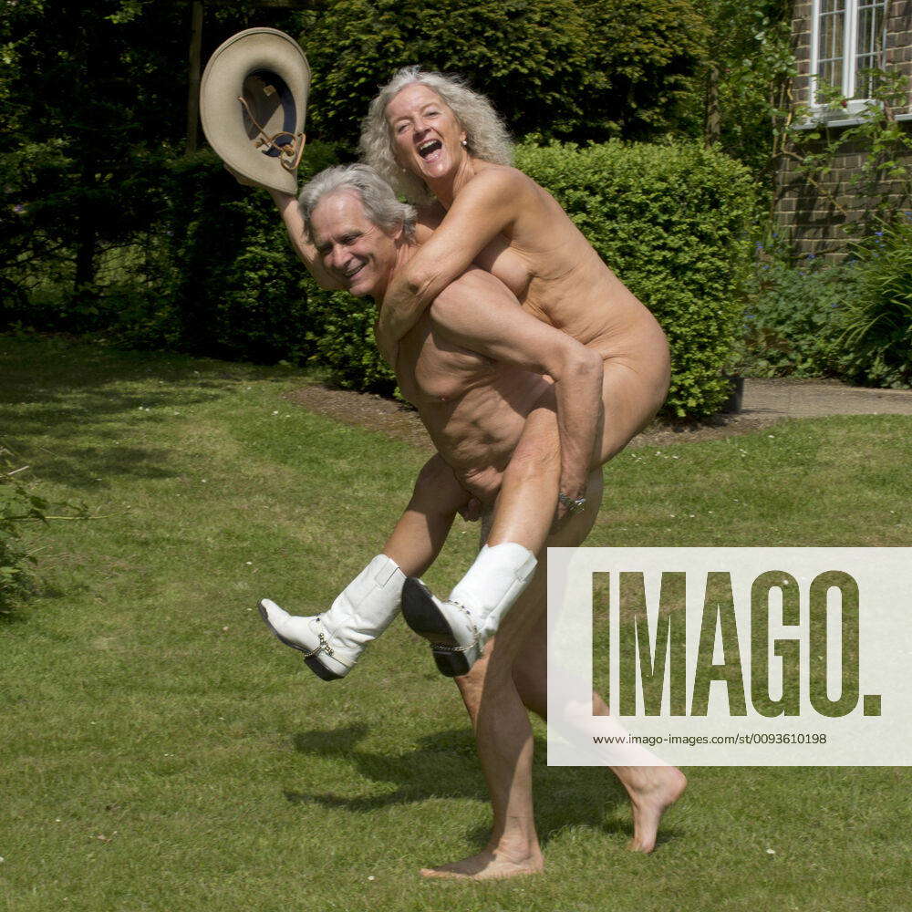 NUDE older couple, piggy back with cowgirl hat & boots NUDE older  couple, piggy back with