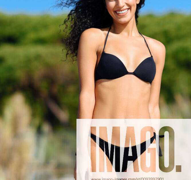 Young Arabic Woman Beautiful Body Swimwear Smiling Tropical Beach