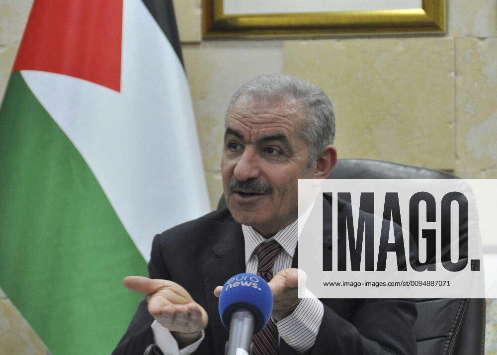 Prime Minister of Palestine Mohammad Shtayyeh speaks with journalists ...