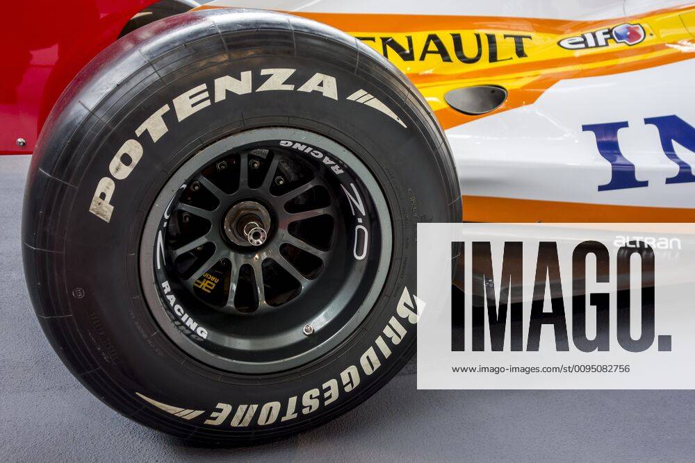 Closeup of Bridgestone Potenza F1 rear racing slick tyre tire on Renault R28 racing sports car spor