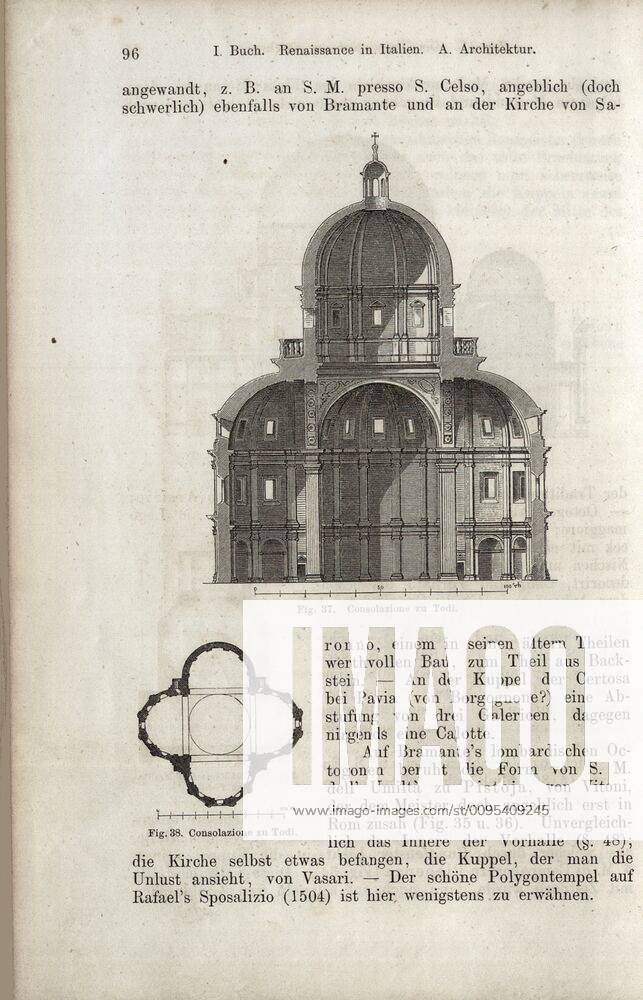 Consolation zu Todi Cross section and plan of the pilgrim church of Santa Maria della Consolazione