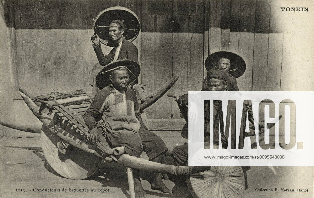 VIETNAM 1900s Tonkin Wheelbarrow drivers at rest Postcard circa 1905