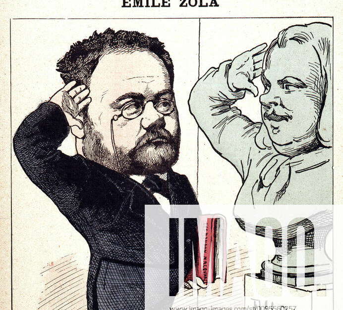 Ritratto di Emile Zola (1840-1902) scrittore francese. Vignetta di Andre  Gill per il Mondo Illustre.