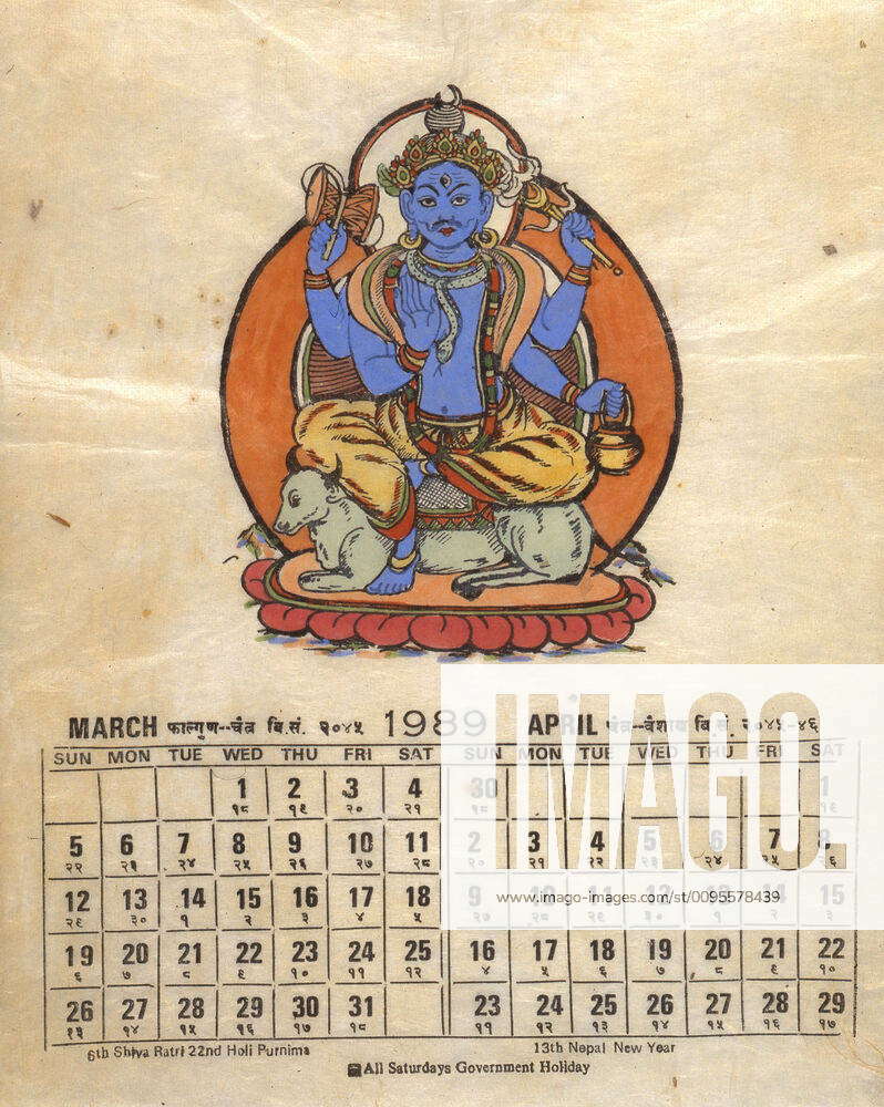 Calendar Nepalese Calendar 1989, March and April Hindu Godo Credit  Collection Grob KHARBINE