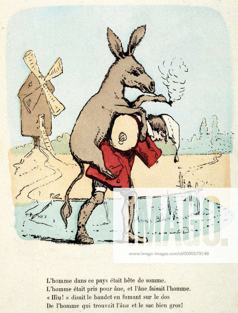 TRIM Man carrying on his back a donkey smoking a pipe Illustration by ...