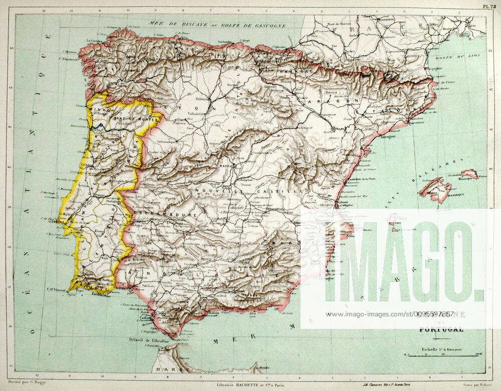 SPAIN Geographical map of Spain and Portugal around 1900 for the New