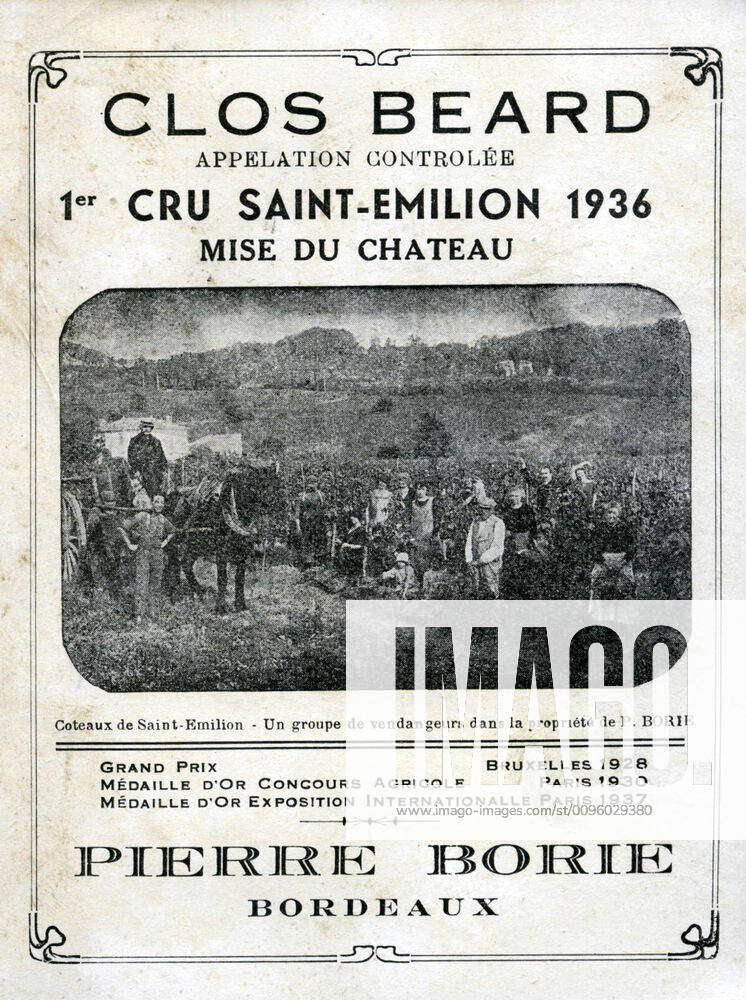 LABEL ALCOHOL LABEL Clos Beard 1er Cru St Emilion 1936 Coteaux de st