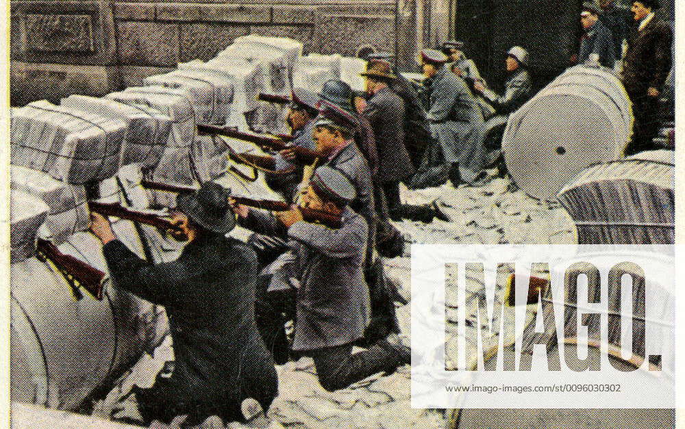 GERMANY 1919 January 1919 barricade during street fighting in Berlin ...