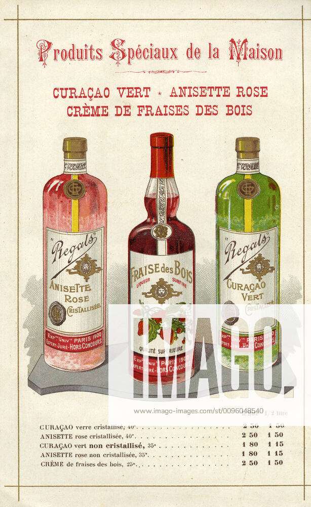 PUB ALCOOL annees 1900 Curacao vert, anisette rose, creme de fraise des ...
