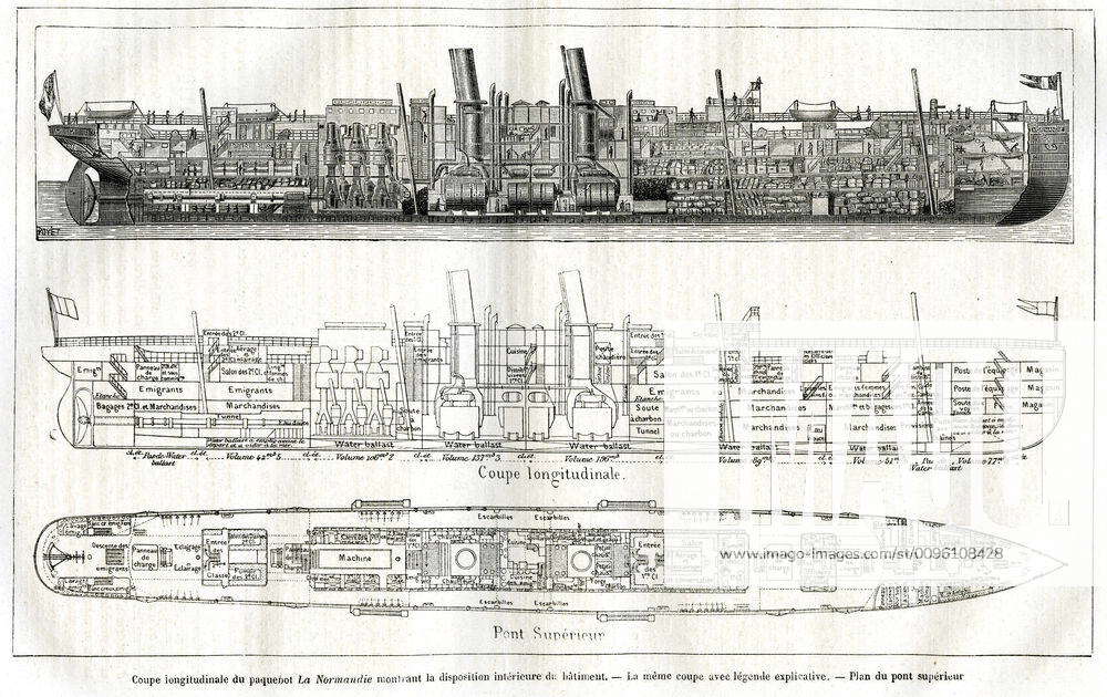 PAQUEBOT XIXth c Longitudinal section of the liner La Normandie showing ...