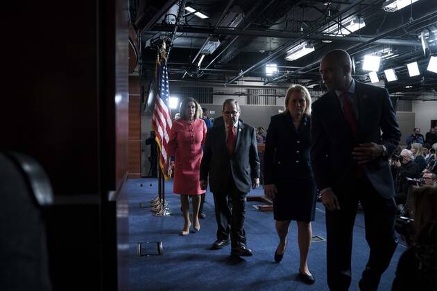 Speaker of the House Nancy Pelosi, D-Calif., exits after announcing the ...