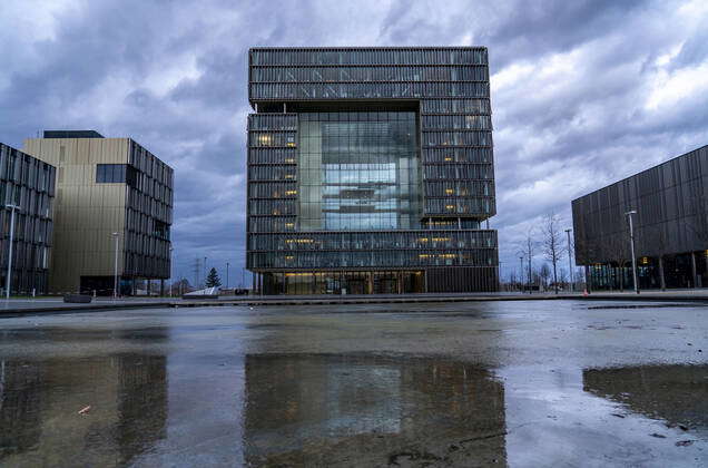 The headquarters of Thyssenkrupp in the ThyssenKrupp Quarter, the cube ...