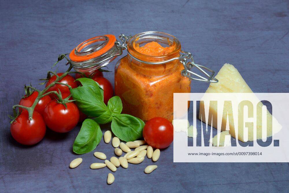 Pesto from tomatoes, parmesan cheese and pine nuts, Germany, Europe