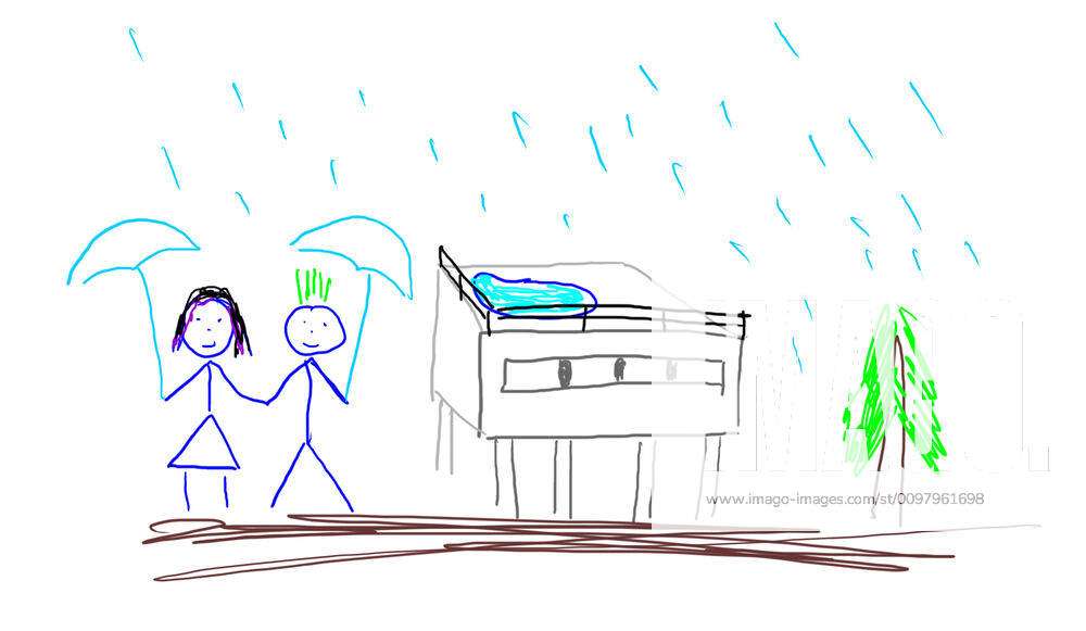 Single continuous line drawing woman and man under umbrella stand in rain  and kiss each other.