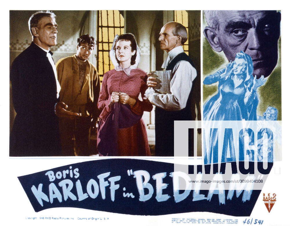 BEDLAM, US lobbycard, from left: Boris Karloff, Robert Clarke, Anna Lee ...