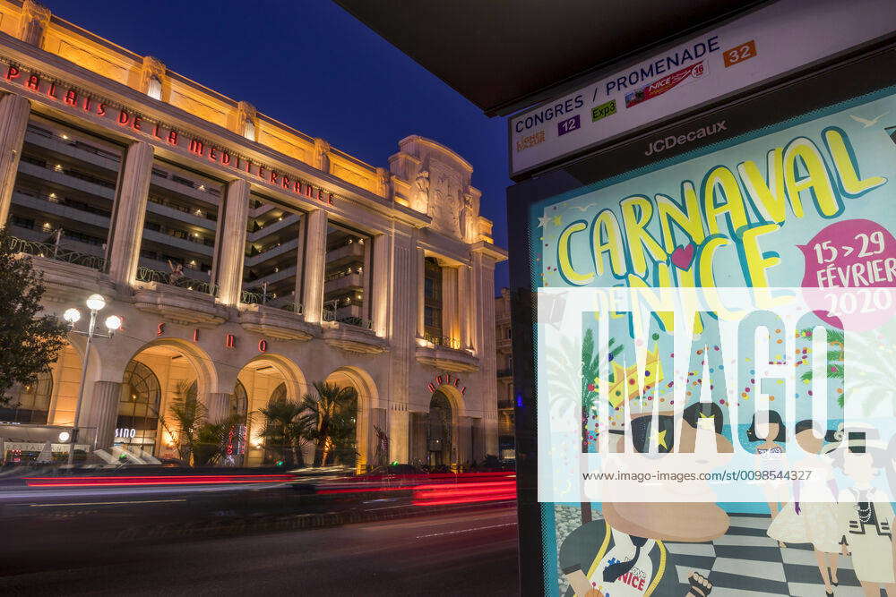 Advertisement for the Nice Carnival at a bus stop near the Palais de la ...