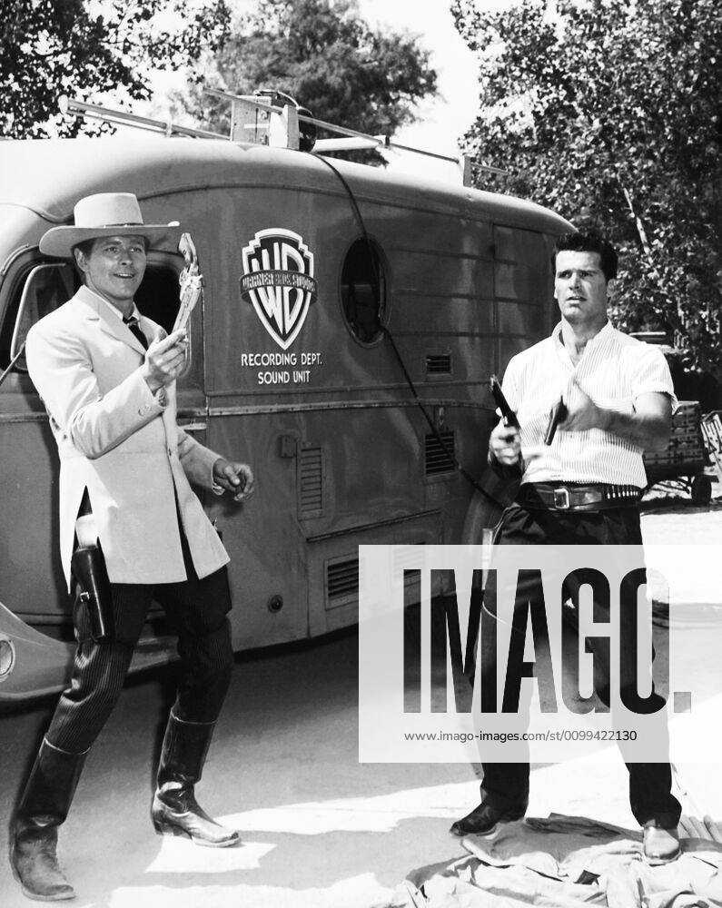 James Garner (right) and Wayde Preston do some gun practice when Garner ...