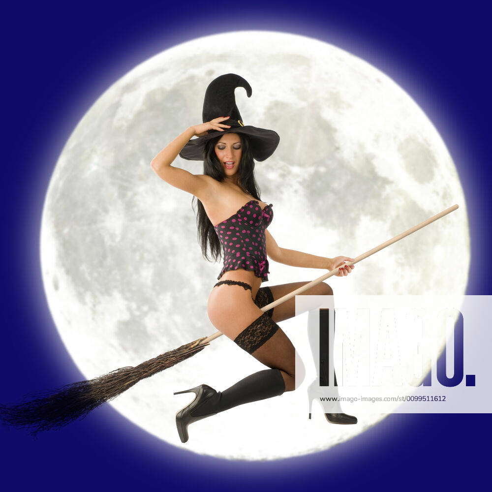 Witch flying in front of moon cute sexy witch in lingerie flying with broom  and a