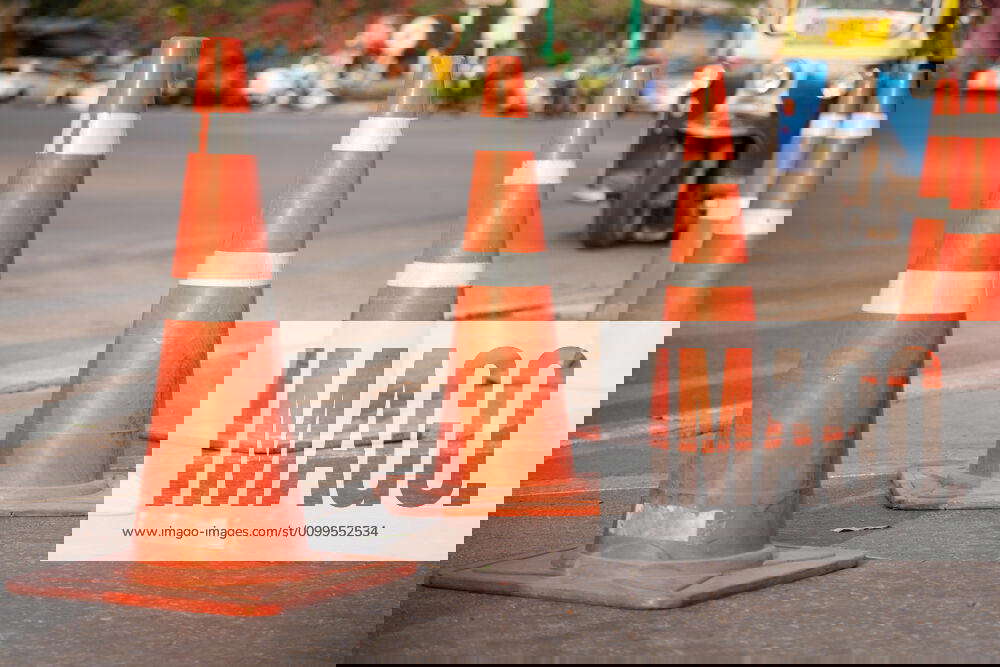 Traffic cone. Traffic cone placed on the road. Not to be allowed to