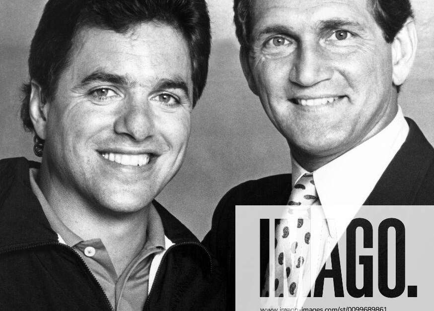 AMERICAN GLADIATORS, (from left): co-hosts Mike Adamle, Joe Theismann,  (Season 1, 1989), 1989-1997.