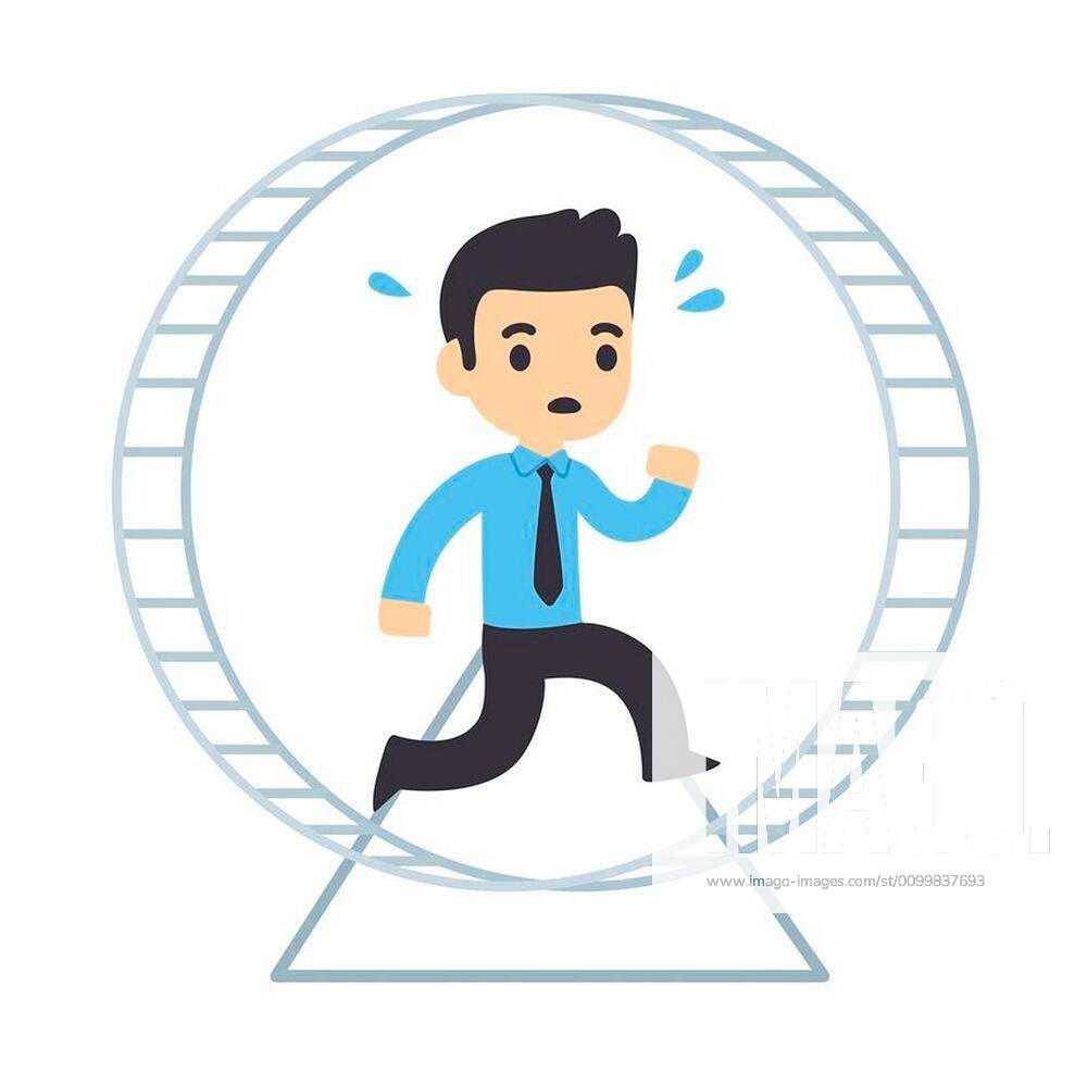 Cartoon businessman running in hamster wheel. Rat race concept and ...