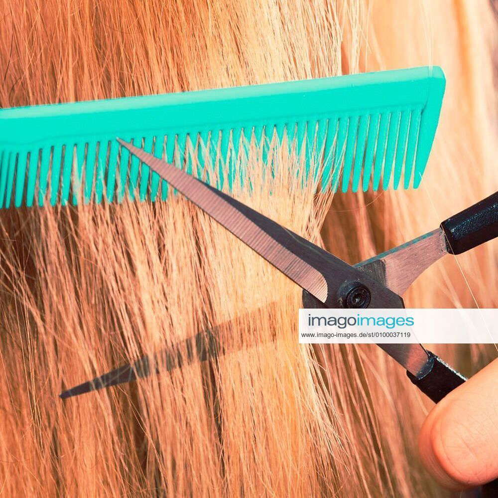 Cutting down and shearing concept. Blonde woman cuts and combing her