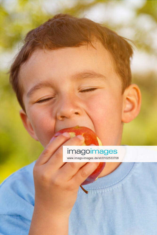 child little boy eating apple fruit eating outside portrait format