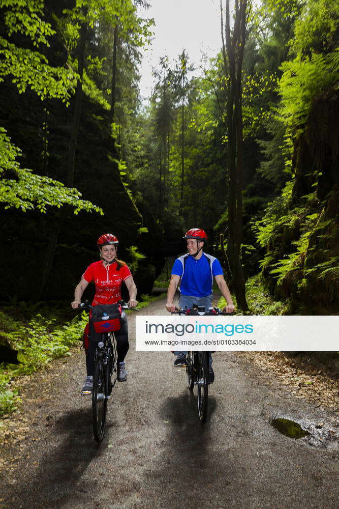 Cyclists on the Elbe cycle path in Uttewalder Grund, in Saxon ...