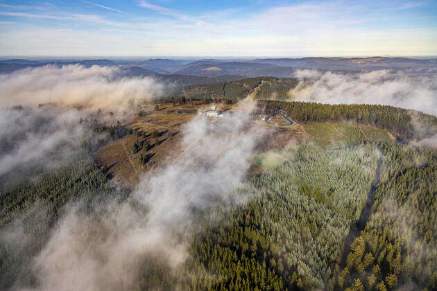 Aerial view, clouds above the Kahler Asten, Astenturm and Hotel ...