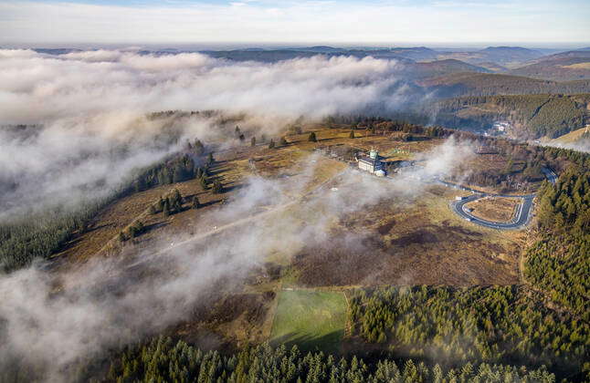 Aerial view, clouds above the Kahler Asten, Astenturm and Hotel ...