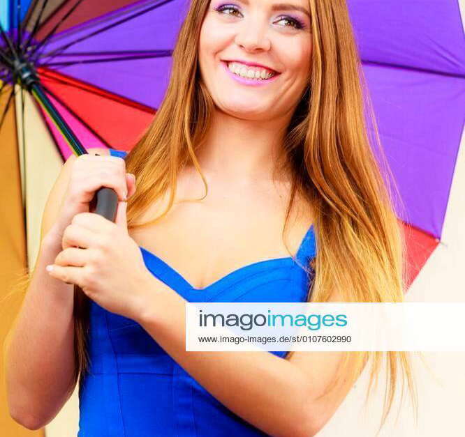 Woman Fashion Summer Attractive Girl Wearing Blue Dress Standing Under