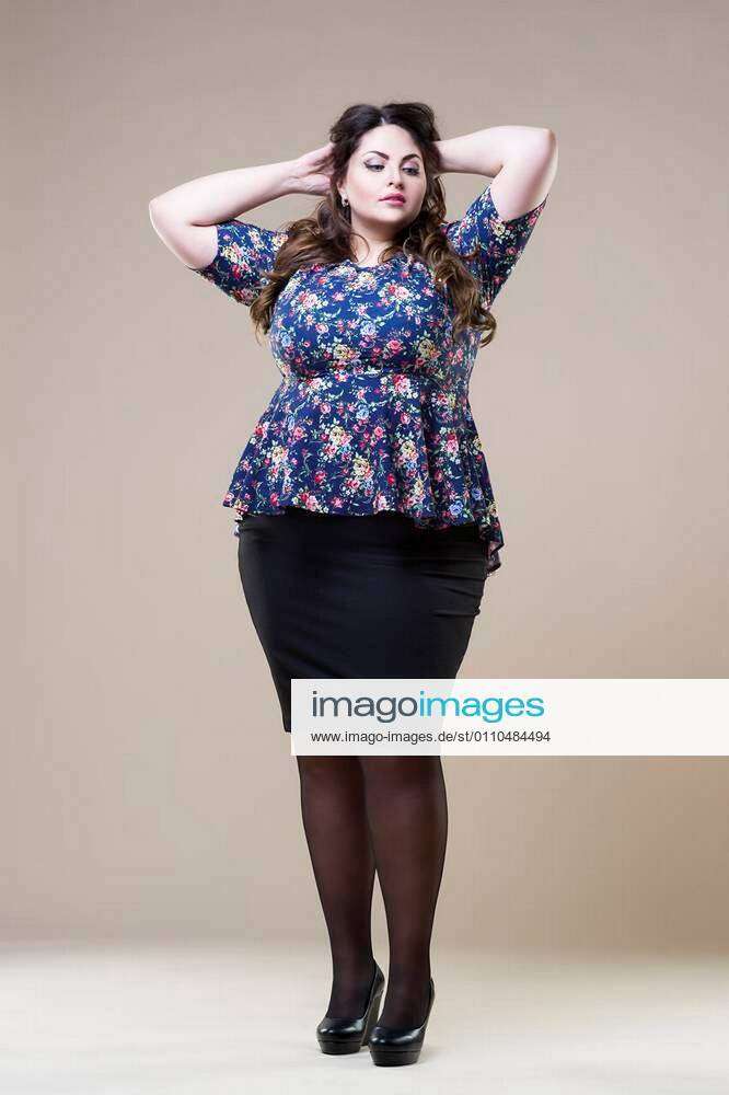 Plus Size Fashion Model in Casual Clothes, Fat Woman on Beige
