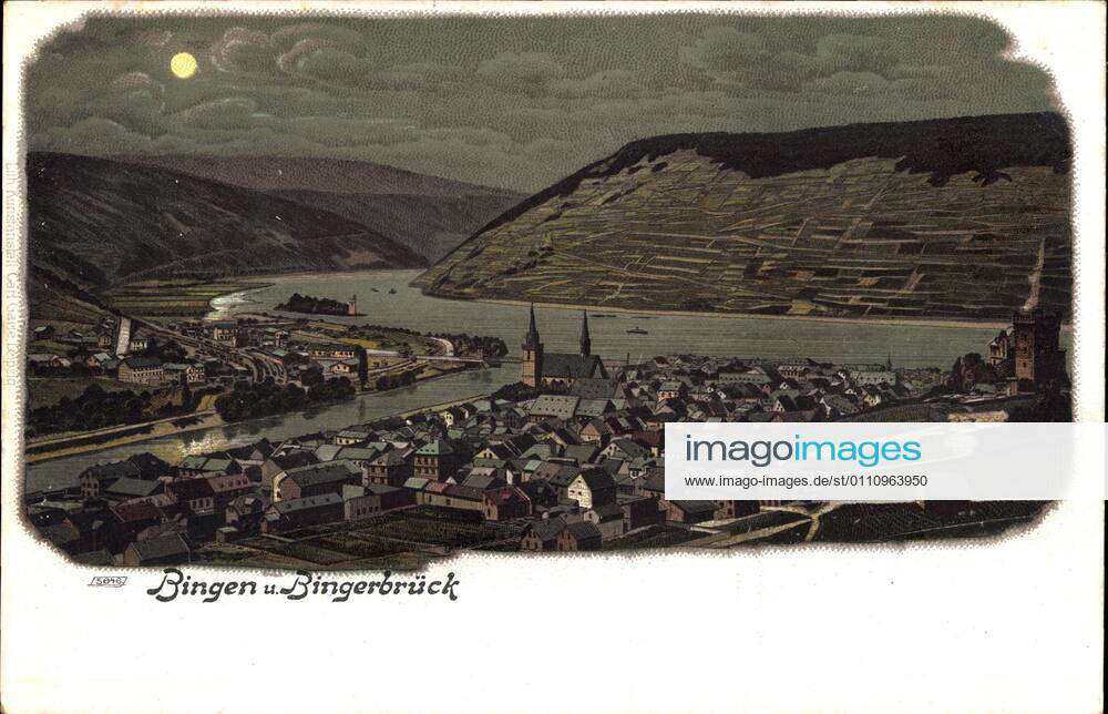 Bingen am Rhein Bingerbrück, Blick auf die Orte bei Nacht, Rheinpartie
