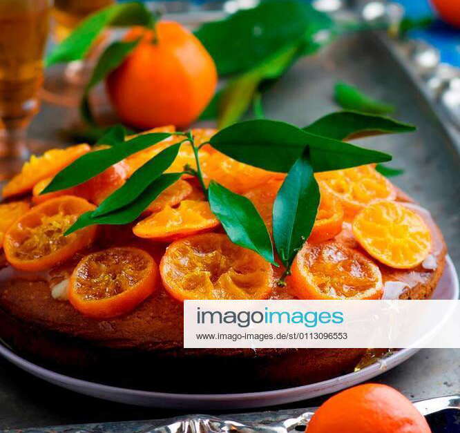 Madeira Cake with Caramelised Tangerines..vintage style.selective focus ...