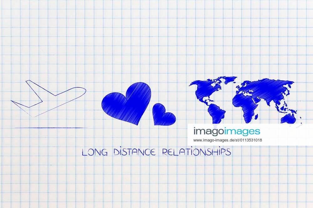 Long distance relationship concept: airplane with lovehearts and world map  with caption