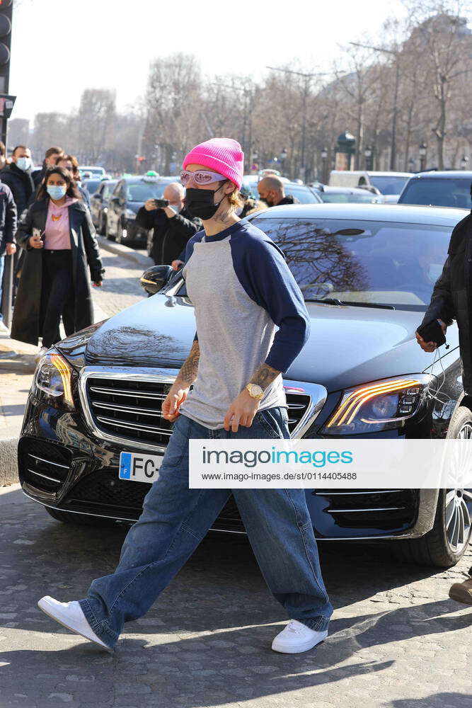 Justin Bieber arriving at Louis Vuitton in Paris, France today.