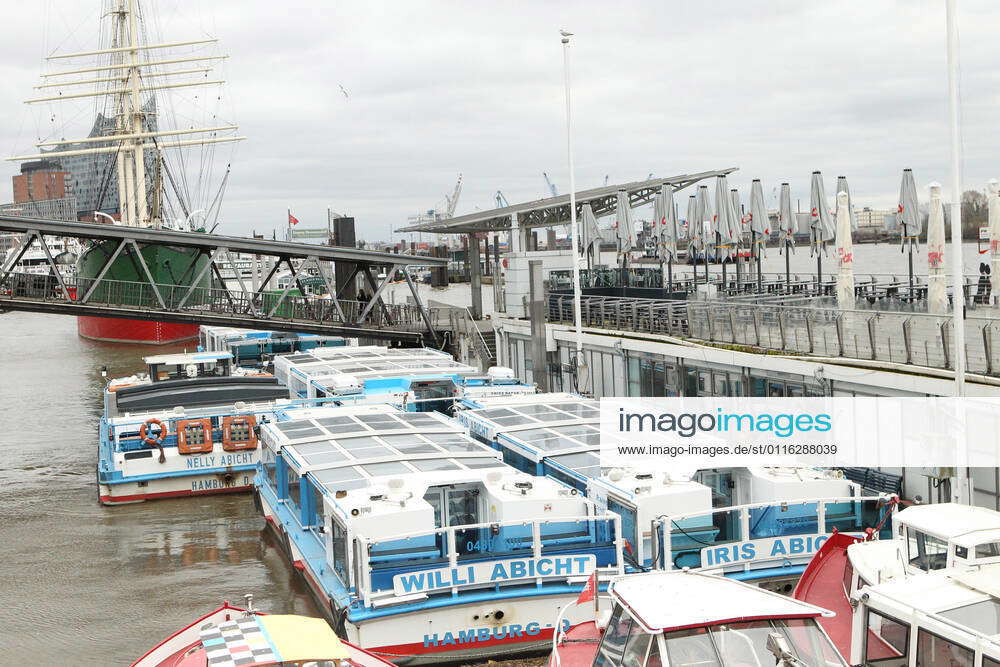 Launches are moored during the lockdown at the landing stages Altona